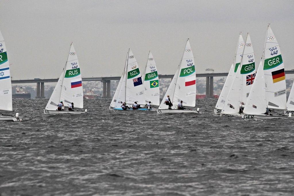 Jo Aleh and Polly Powrie well placed at the start of Race 1. they were disqualified after an incident with Austria, whose bow can be seen at the hard right of the image © Richard Gladwell www.photosport.co.nz